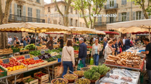 Étal coloré d'un marché en plein air à Marseille garni de légumes méditerranéens frais, d'herbes aromatiques et de spécialités locales sous le soleil matinal