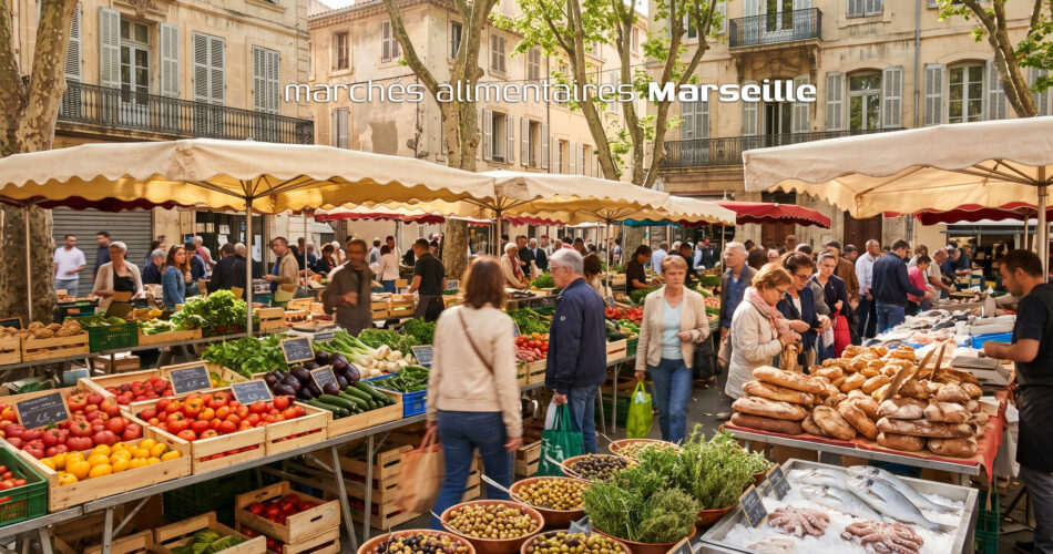 Étal coloré d'un marché en plein air à Marseille garni de légumes méditerranéens frais, d'herbes aromatiques et de spécialités locales sous le soleil matinal