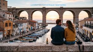 Couple assis de dos admirant le coucher du soleil au-dessus du Vallon des Auffes et de son viaduc à Marseille