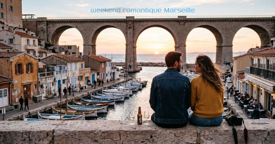 Couple assis de dos admirant le coucher du soleil au-dessus du Vallon des Auffes et de son viaduc à Marseille